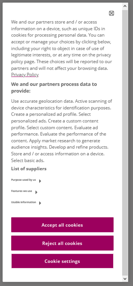 Figure 10: Example of a Cookie Banner (here: www.ecodibergamo.it)