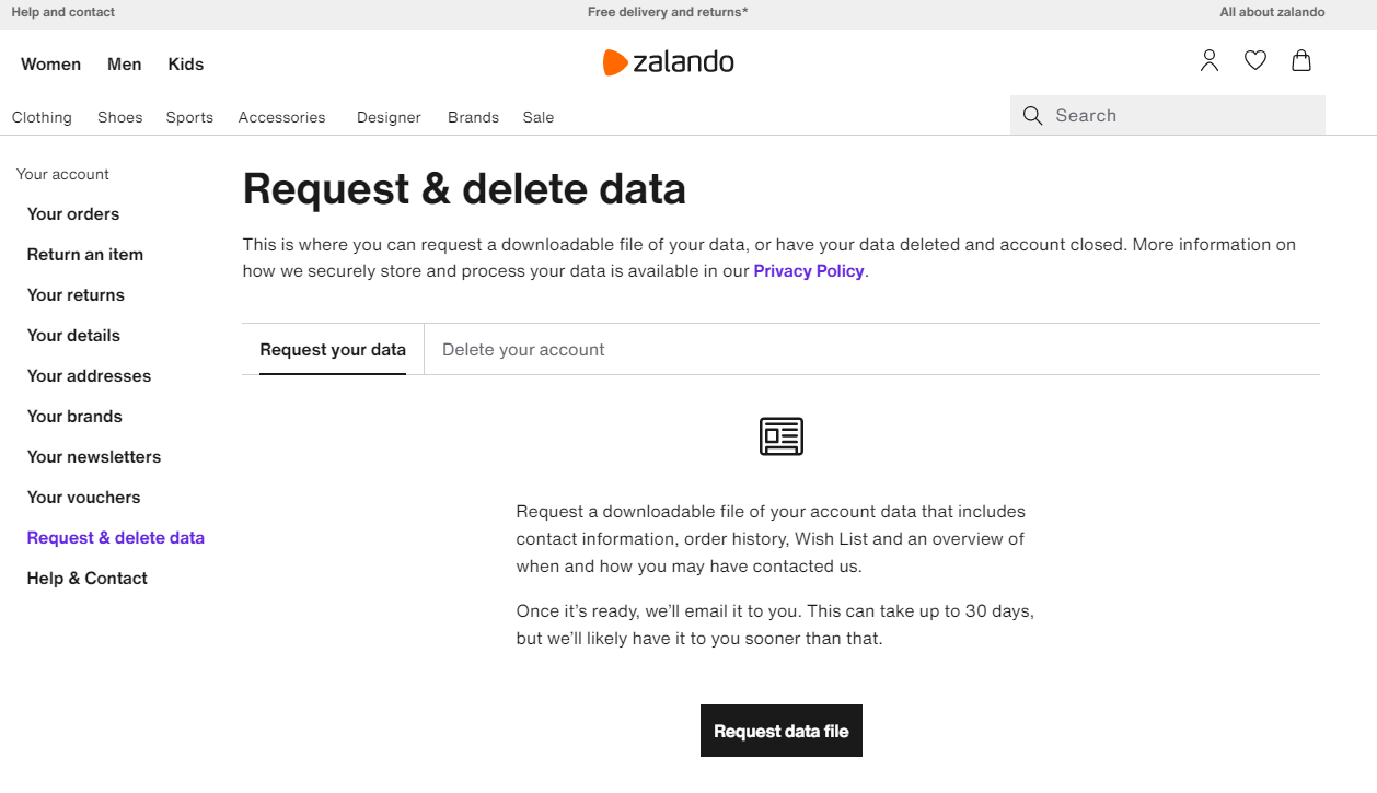 Figure 11: Example of a Data Request (here Zalando)