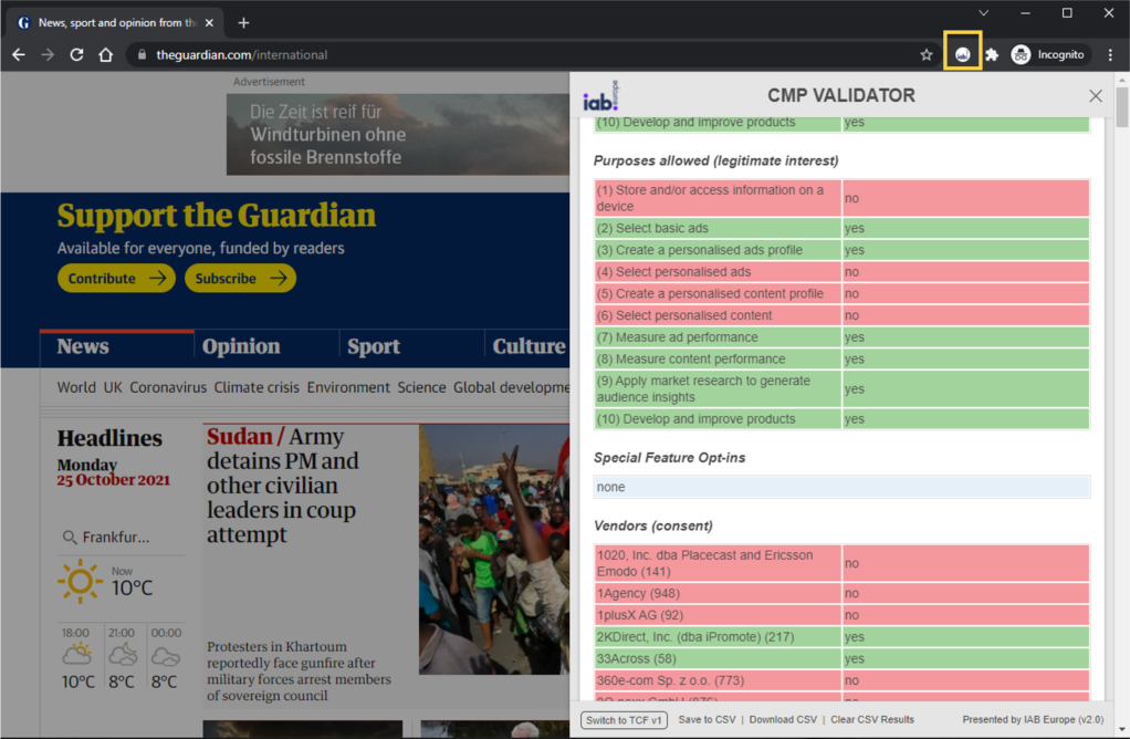 Figure 21: User Interface of the TCF CMP Validator