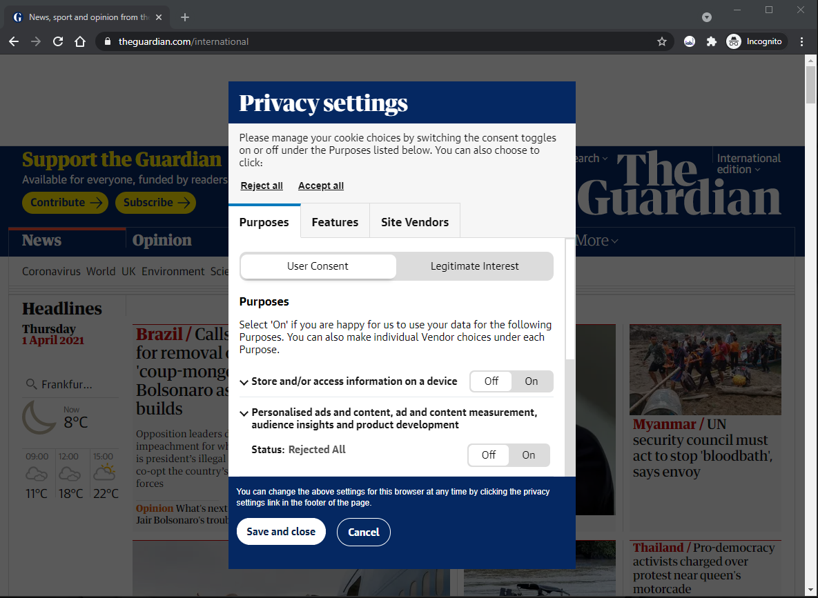 Figure 24: Example of a Publisher Using Stacks to Get User’s Permission (here: theguardian.com)